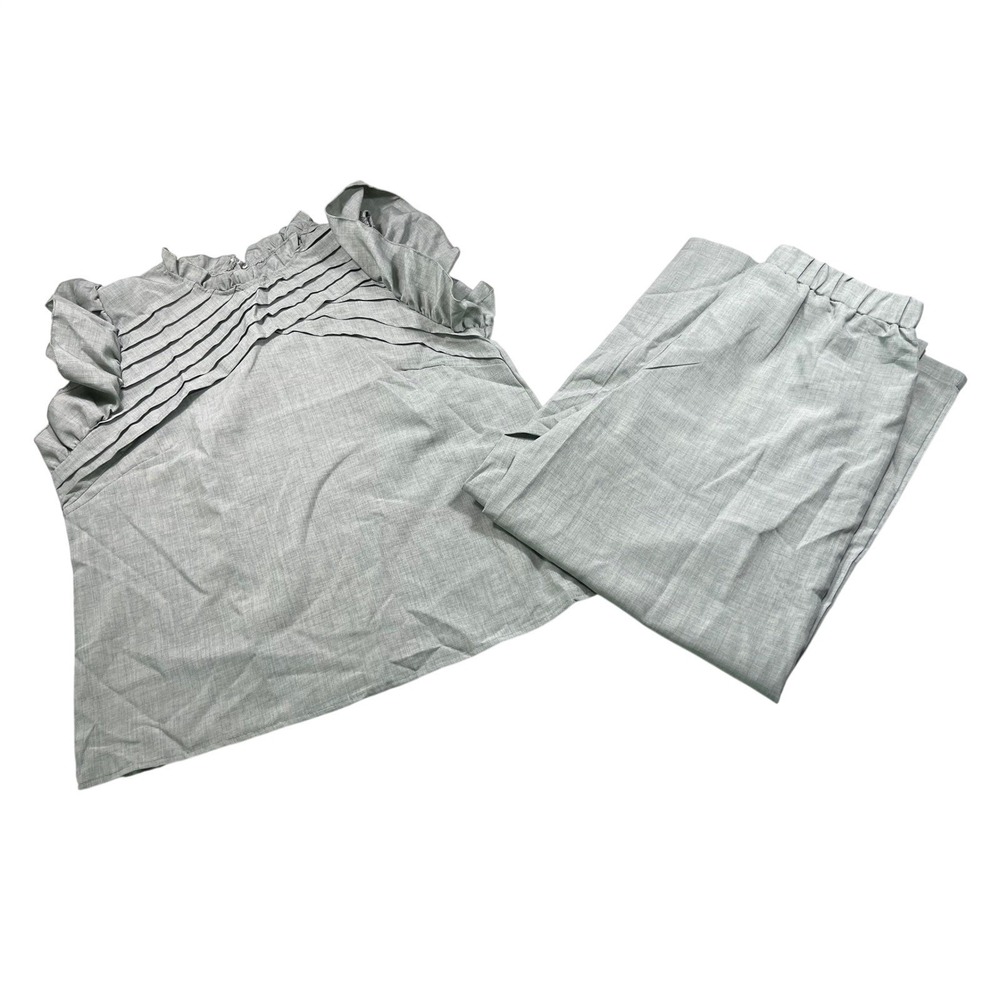 Women's Petite Large Sage Green 2 Piece Pants Set Ruffle Pintuck Top PL